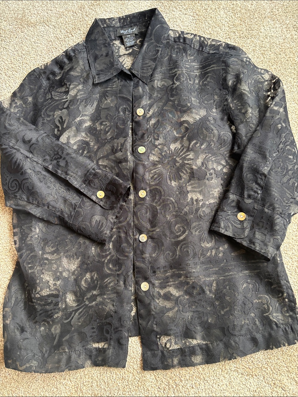 West End Black Floral Jacquard Button-Down Shirt sheer